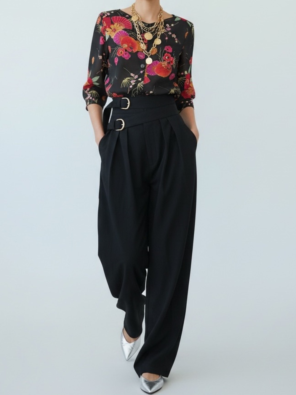 VTG Lauren Lee Black Chiffon Asian Floral Fan Print Button Blouse Whimsigoth